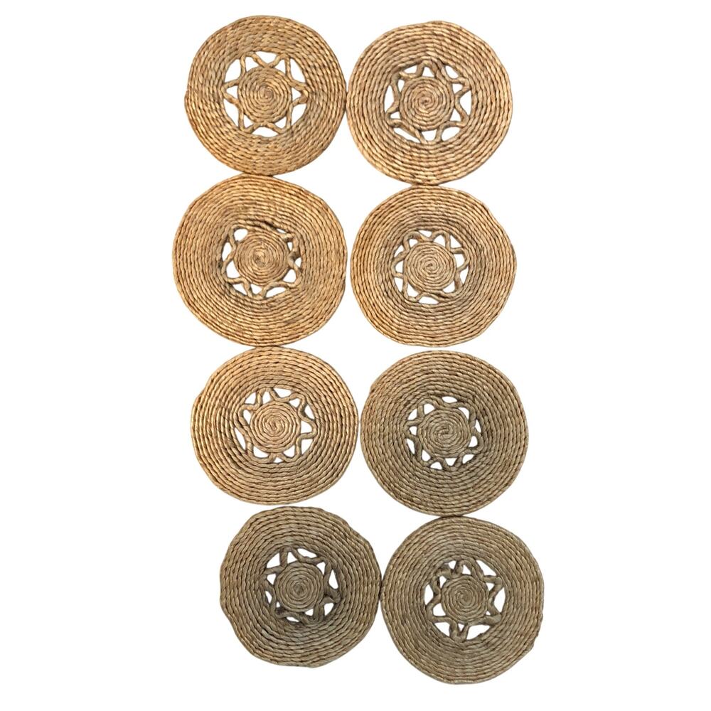 Vintage Rattan Straw Woven Round Coasters Set of 8 Boho Barware 4" Star Sun